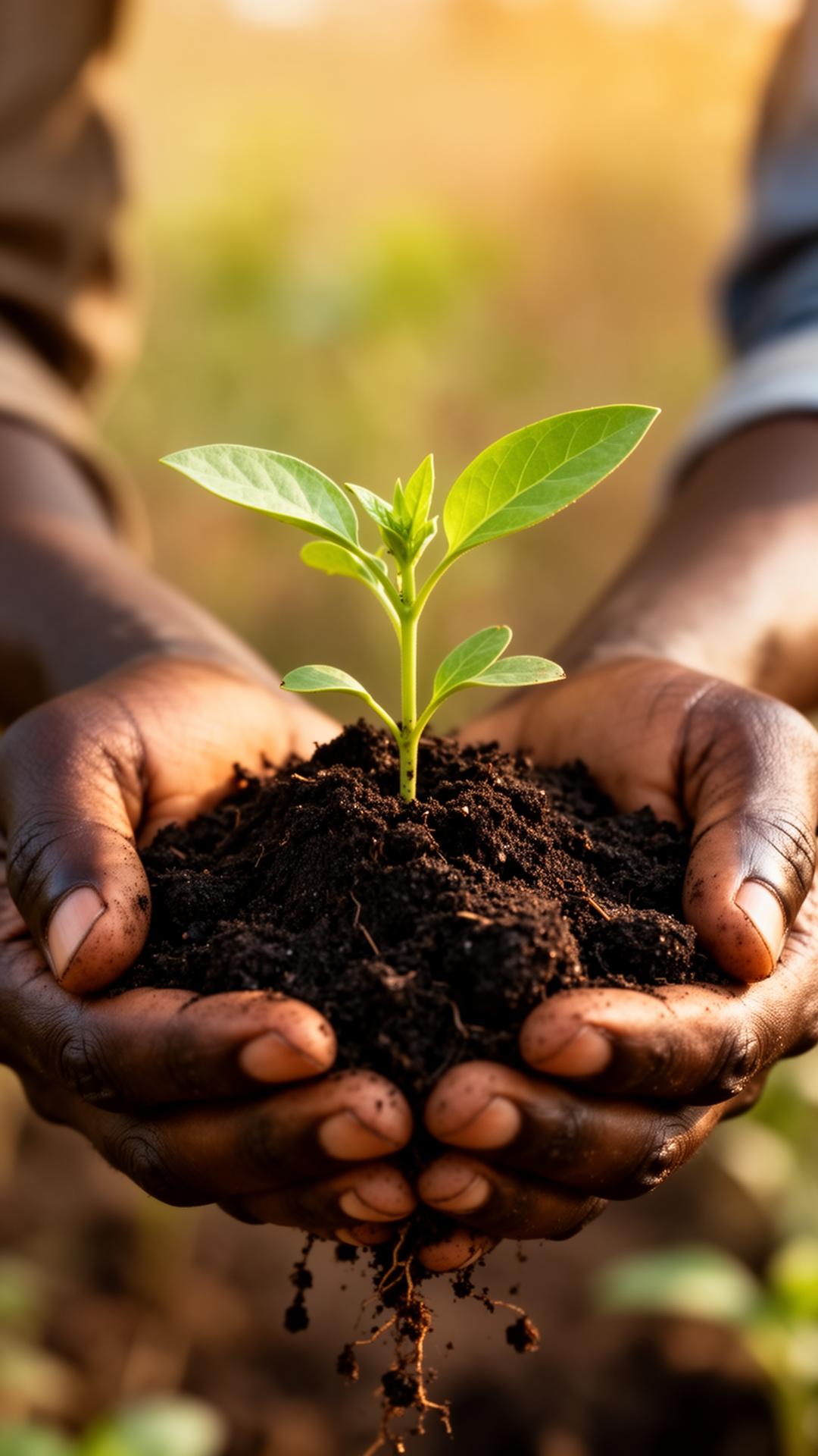 Hands holding rich soil with a seedling